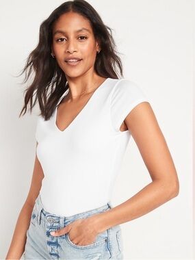 Old Navy Fitted Short Sleeve White V-Neck Bodysuit